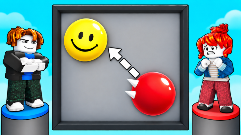 Two players face off over a Ball VS Ball arena as a yellow smiley ball takes aim at a spiked red ball
