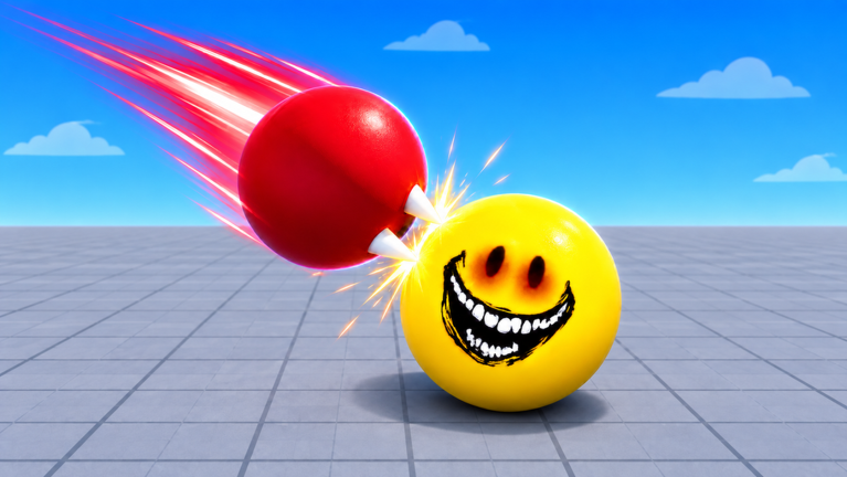 A red spiked ball slams into a yellow smiley ball mid-bounce on the Ball VS Ball grid arena